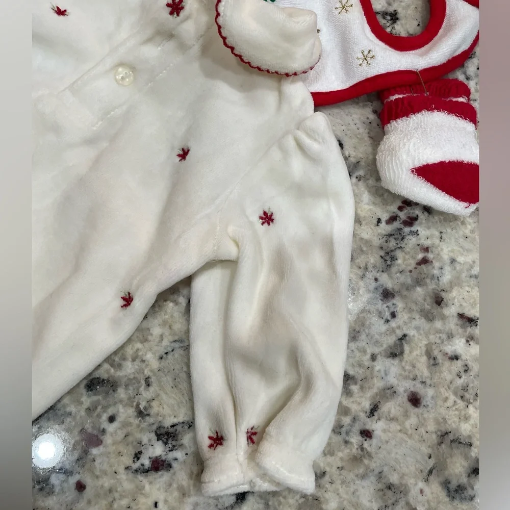 3 PC 1st Moments Charming White & Red Kids One Piece w Matching Bib & Socks 0-3M